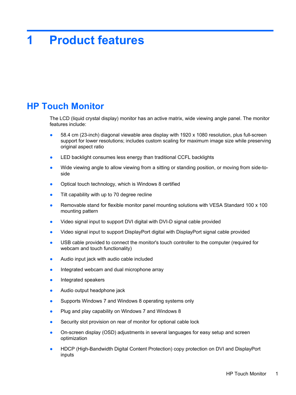 Product features, Hp touch monitor, 1 product features | 1product features | HP EliteDisplay S230tm 23-inch Touch Monitor User Manual | Page 7 / 28