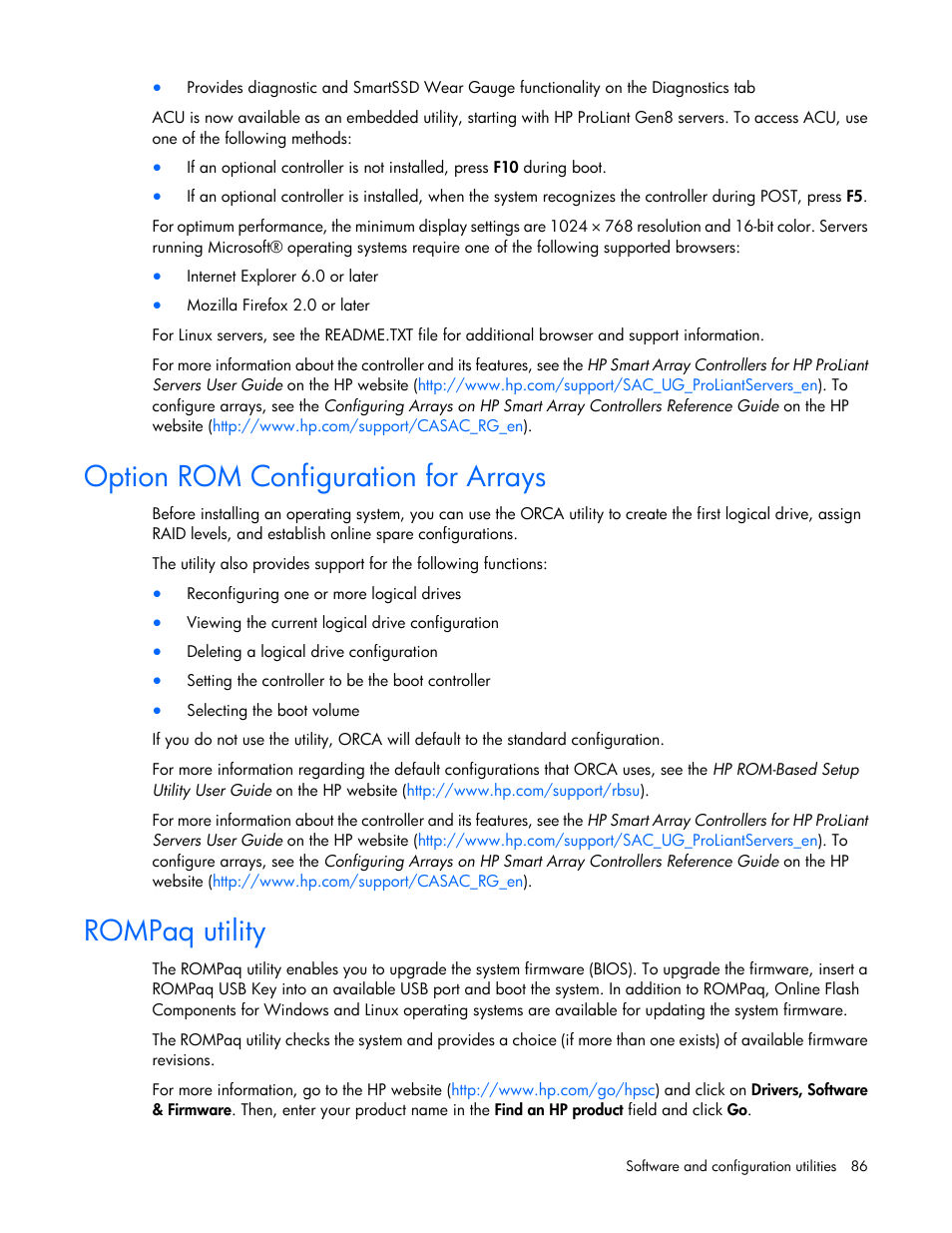 Option rom configuration for arrays, Rompaq utility | HP ProLiant SL230s Gen8 Server User Manual | Page 86 / 110
