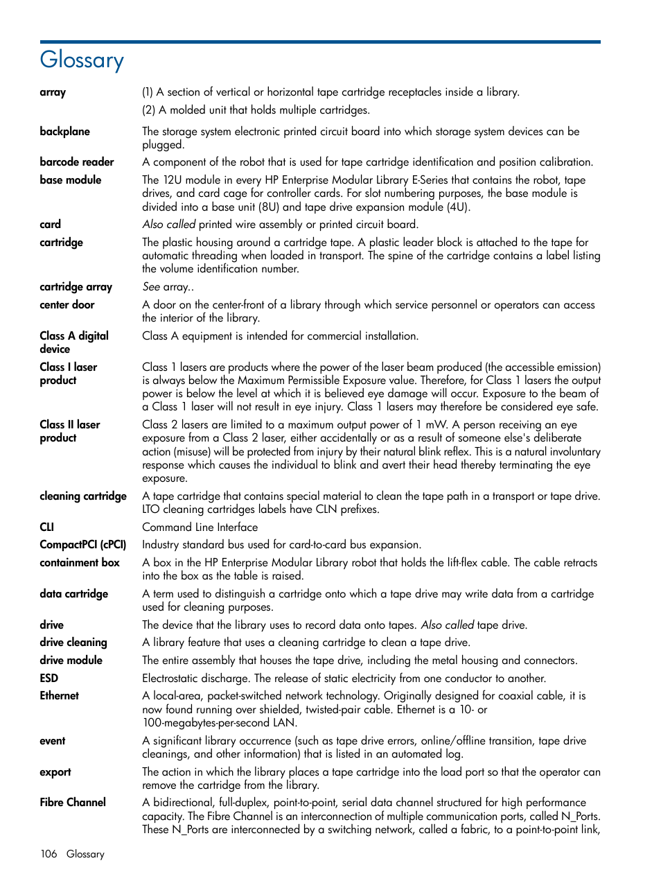 Glossary | HP EML E-series Tape Libraries User Manual | Page 106 / 112