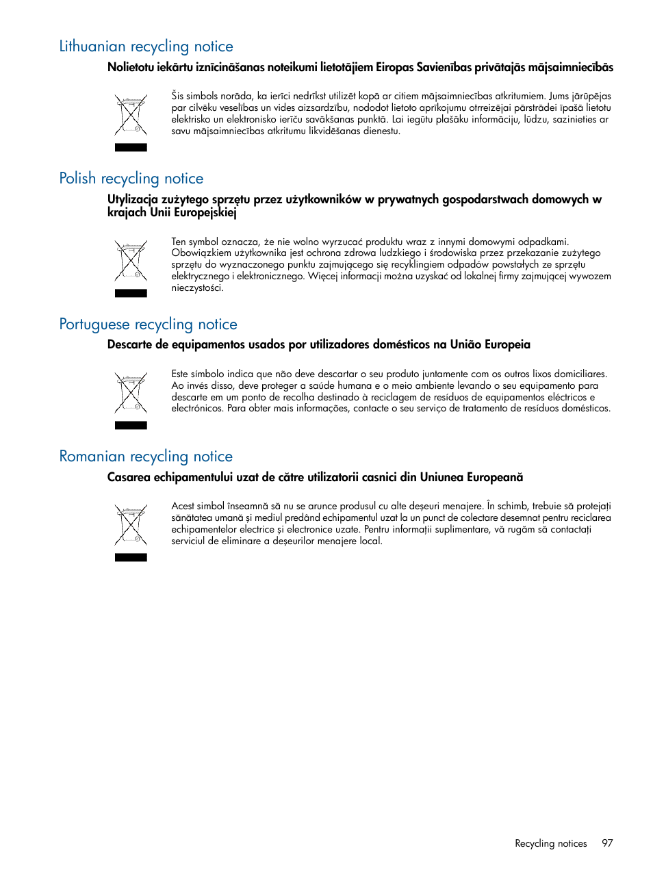 Lithuanian recycling notice, Polish recycling notice, Portuguese recycling notice | Romanian recycling notice | HP EML E-series Tape Libraries User Manual | Page 97 / 112