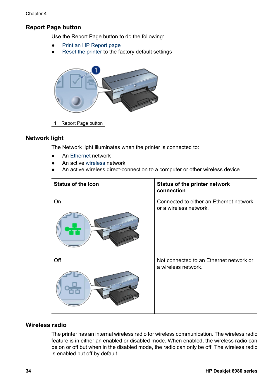 Network light, Wireless radio | HP Deskjet 6988dt Printer User Manual | Page 36 / 154