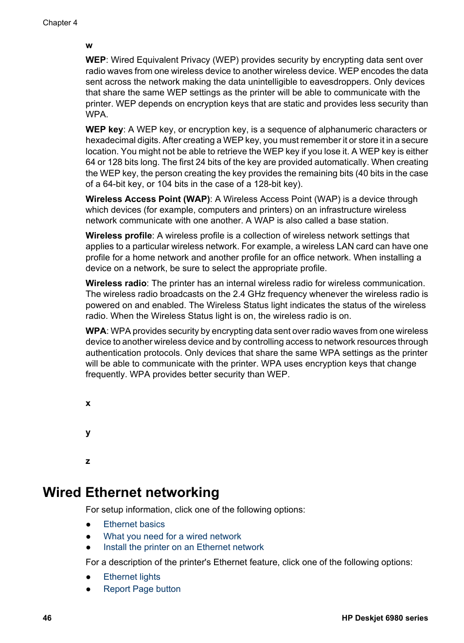 Wired ethernet networking, Wired, Wired ethernet port | Wireless access point (wap), Rk's, Wep keys, Ethernet | HP Deskjet 6988dt Printer User Manual | Page 48 / 154