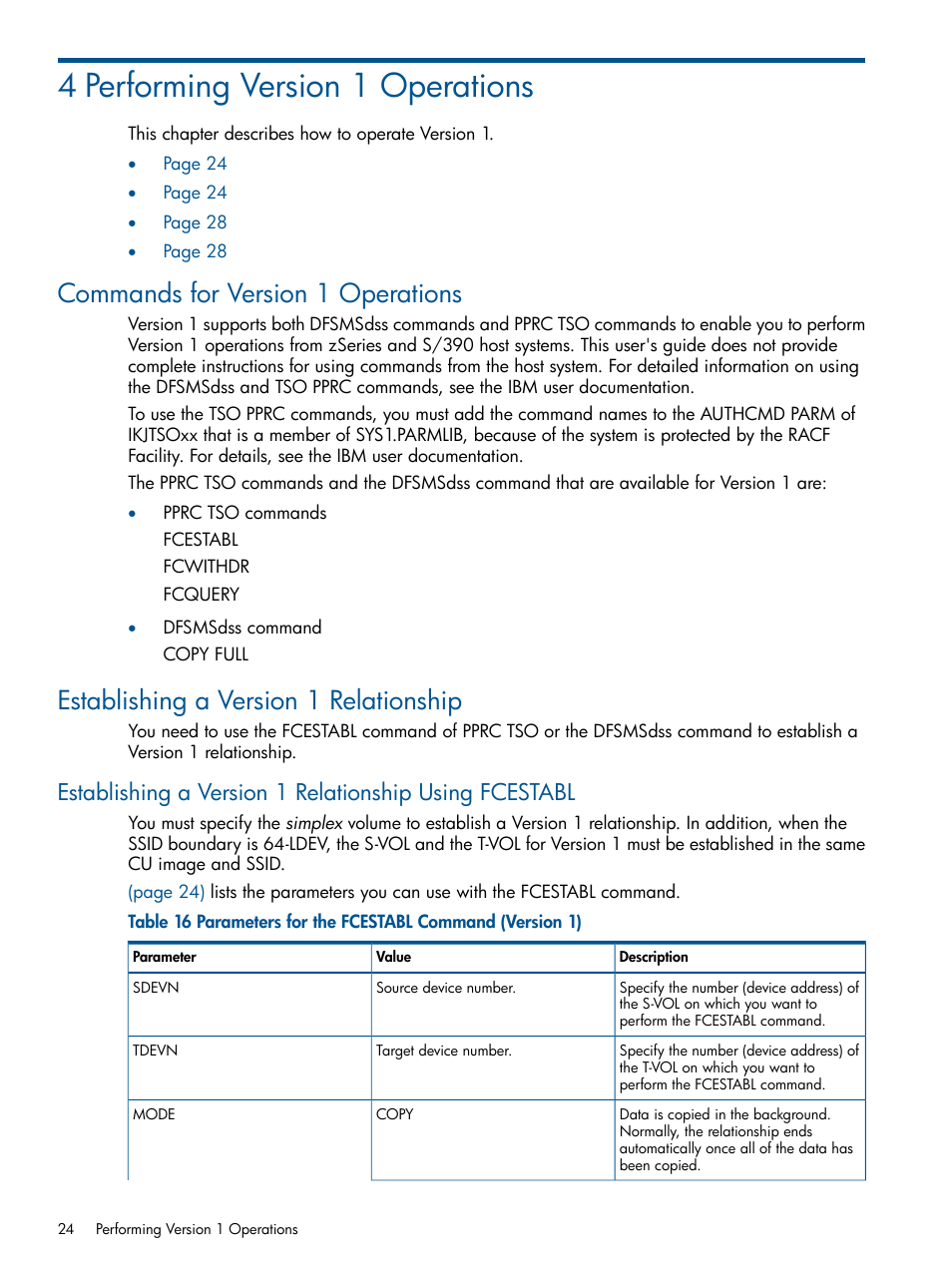 4 performing version 1 operations, Commands for version 1 operations, Establishing a version 1 relationship | HP StorageWorks XP Remote Web Console Software User Manual | Page 24 / 155