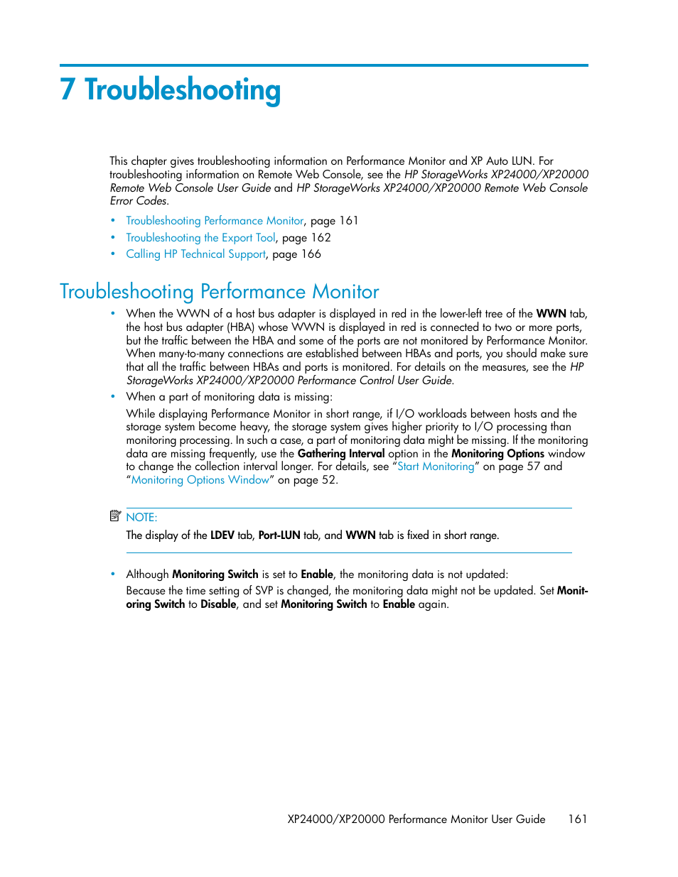 7 troubleshooting, Troubleshooting performance monitor | HP XP Array Manager Software User Manual | Page 161 / 172