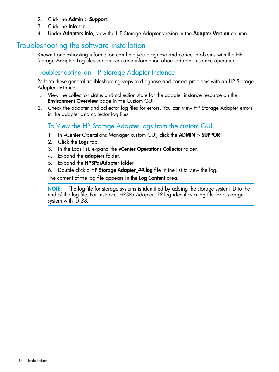 Troubleshooting the software installation, Troubleshooting an hp storage adapter instance | HP StoreFront Analytics for VMware Software Licenses User Manual | Page 10 / 44