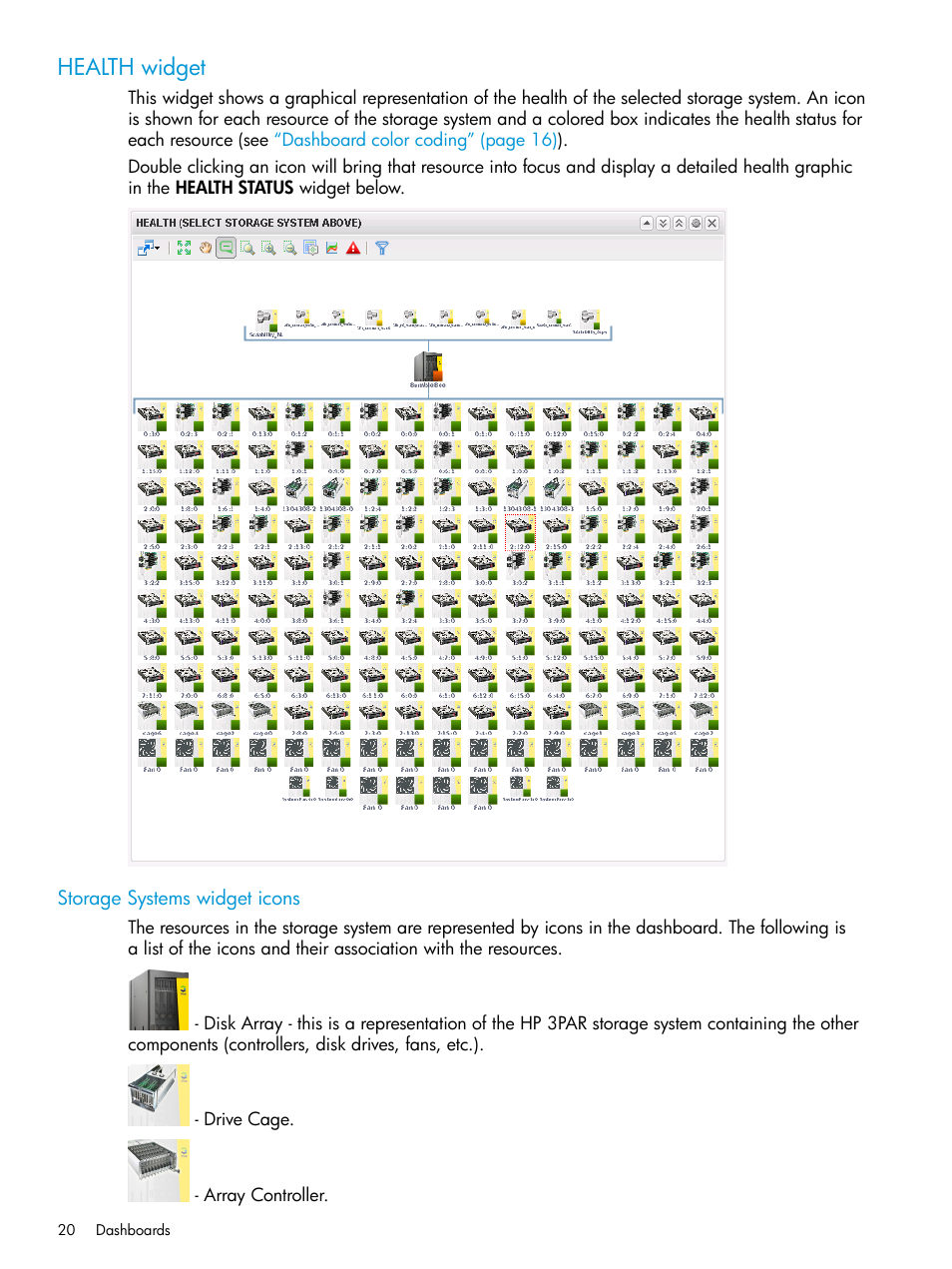 Health widget, Storage systems widget icons | HP StoreFront Analytics for VMware Software Licenses User Manual | Page 20 / 44
