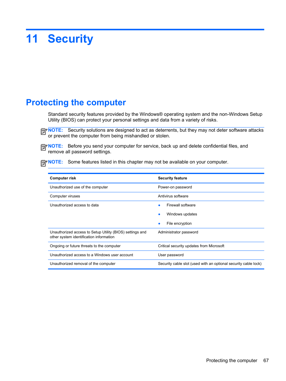 Security, Protecting the computer, 11 security | HP Pavilion dm1-4171nr Entertainment Notebook PC User Manual | Page 77 / 109