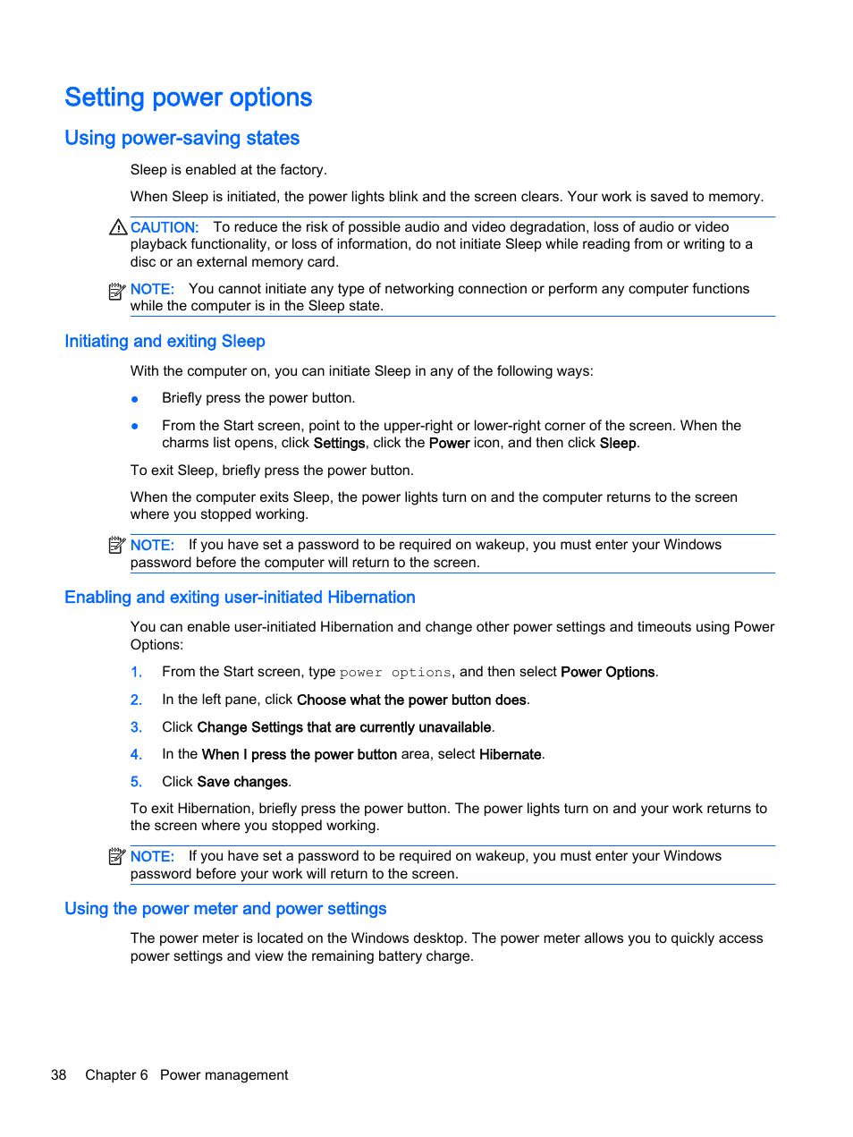 Setting power options, Using power-saving states, Initiating and exiting sleep | Enabling and exiting user-initiated hibernation, Using the power meter and power settings | HP EliteBook 755 G2 Notebook PC User Manual | Page 48 / 106