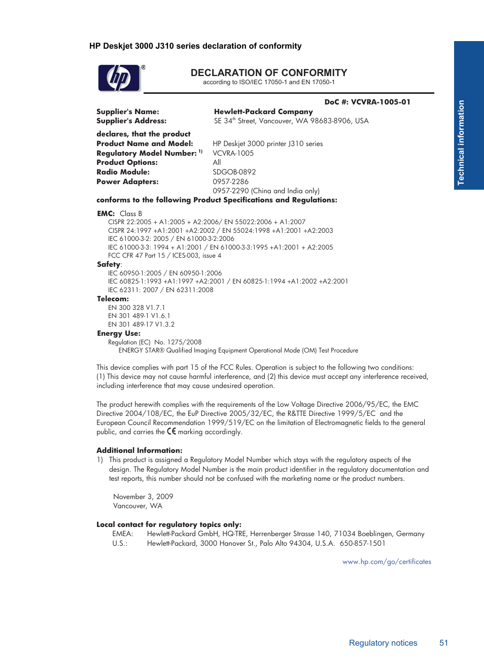 Declaration of conformity | HP Deskjet 3000 Printer - J310a User Manual | Page 53 / 58