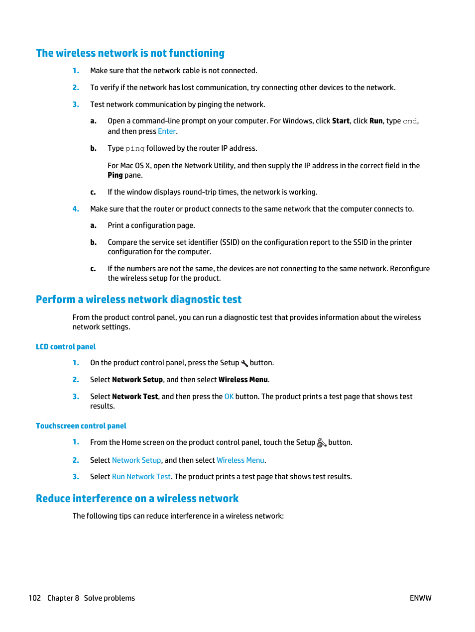 The wireless network is not functioning, Perform a wireless network diagnostic test, Reduce interference on a wireless network | HP LaserJet Pro MFP M127fw User Manual | Page 110 / 122