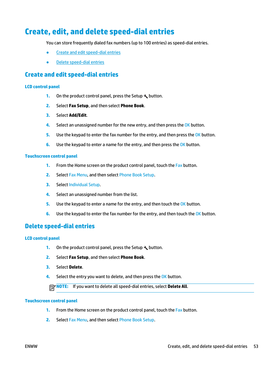 Create, edit, and delete speed-dial entries, Create and edit speed-dial entries, Delete speed-dial entries | HP LaserJet Pro MFP M127fw User Manual | Page 61 / 122