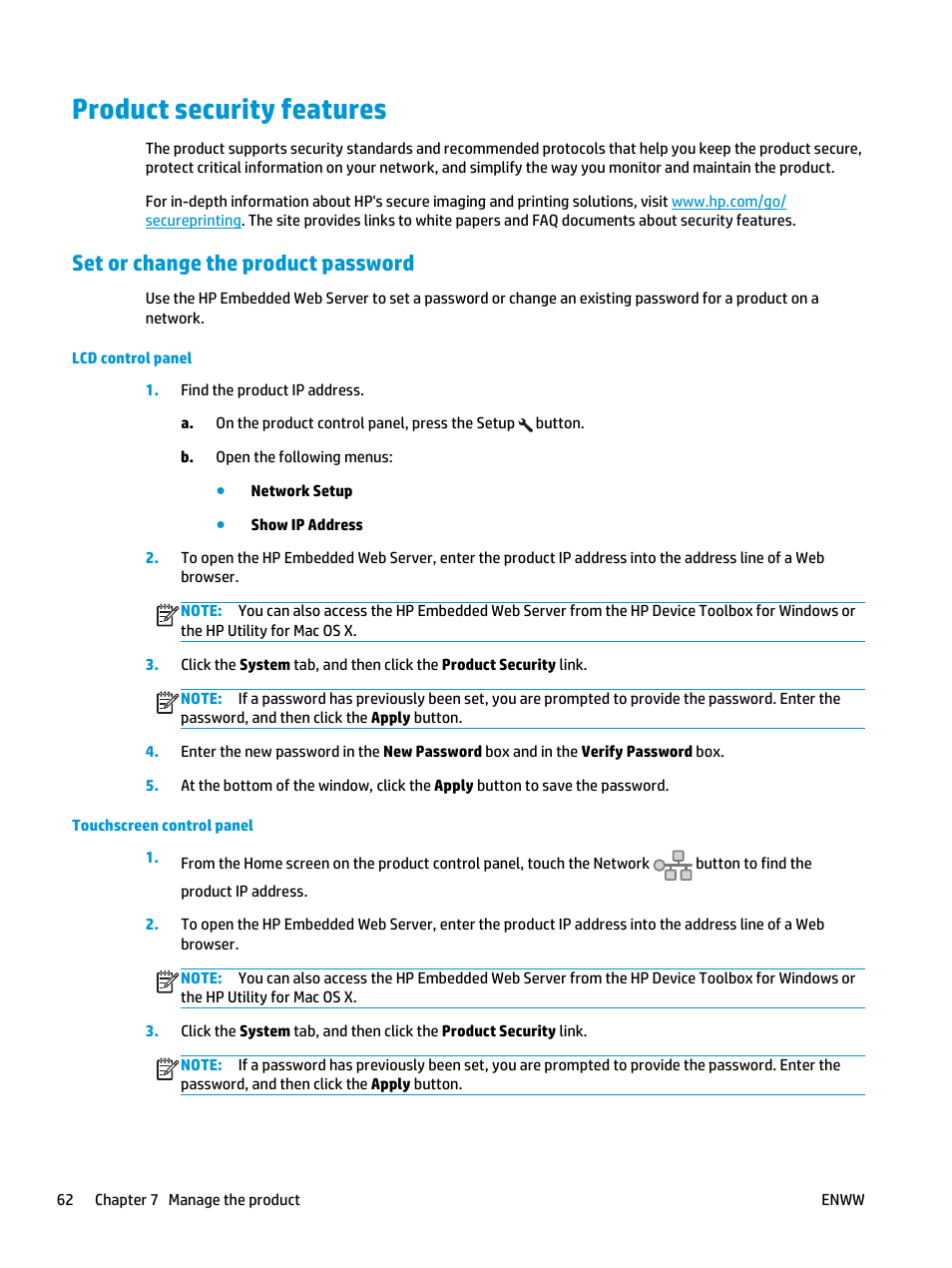 Product security features, Set or change the product password | HP LaserJet Pro MFP M127fw User Manual | Page 70 / 122