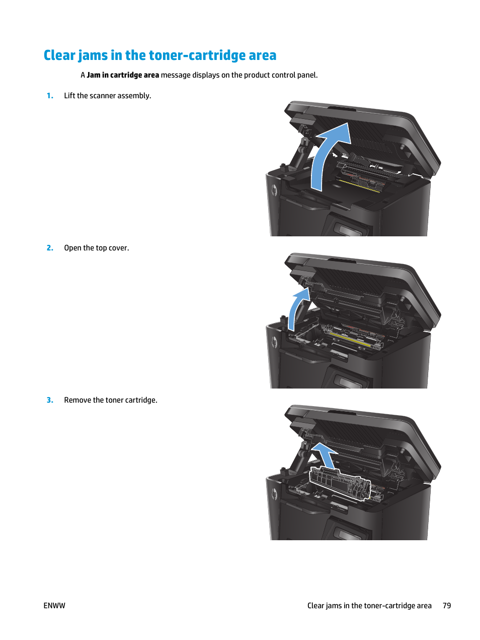 Clear jams in the toner-cartridge area | HP LaserJet Pro MFP M127fw User Manual | Page 87 / 122