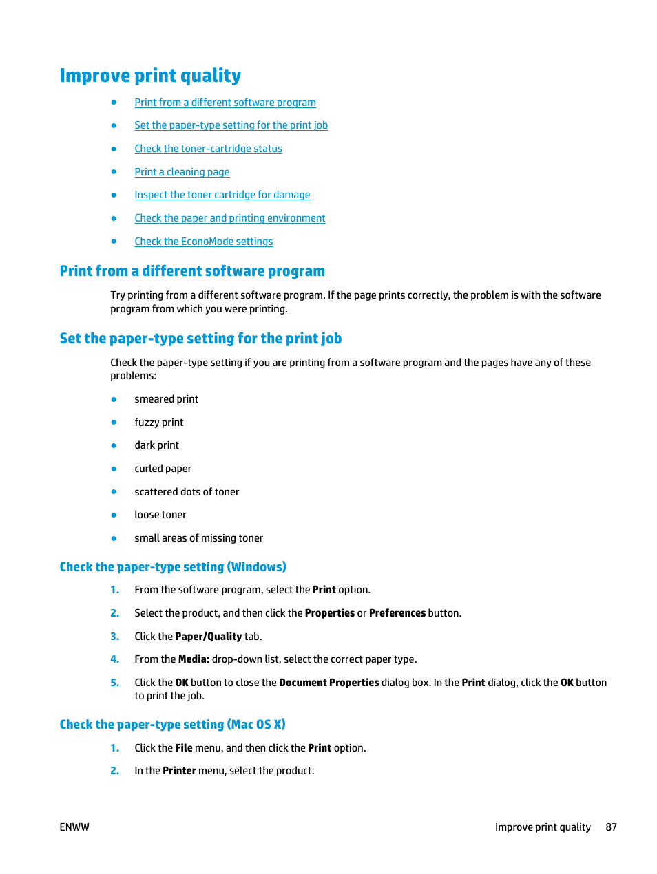 Improve print quality, Print from a different software program, Set the paper-type setting for the print job | Check the paper-type setting (windows), Check the paper-type setting (mac os x) | HP LaserJet Pro MFP M127fw User Manual | Page 95 / 122