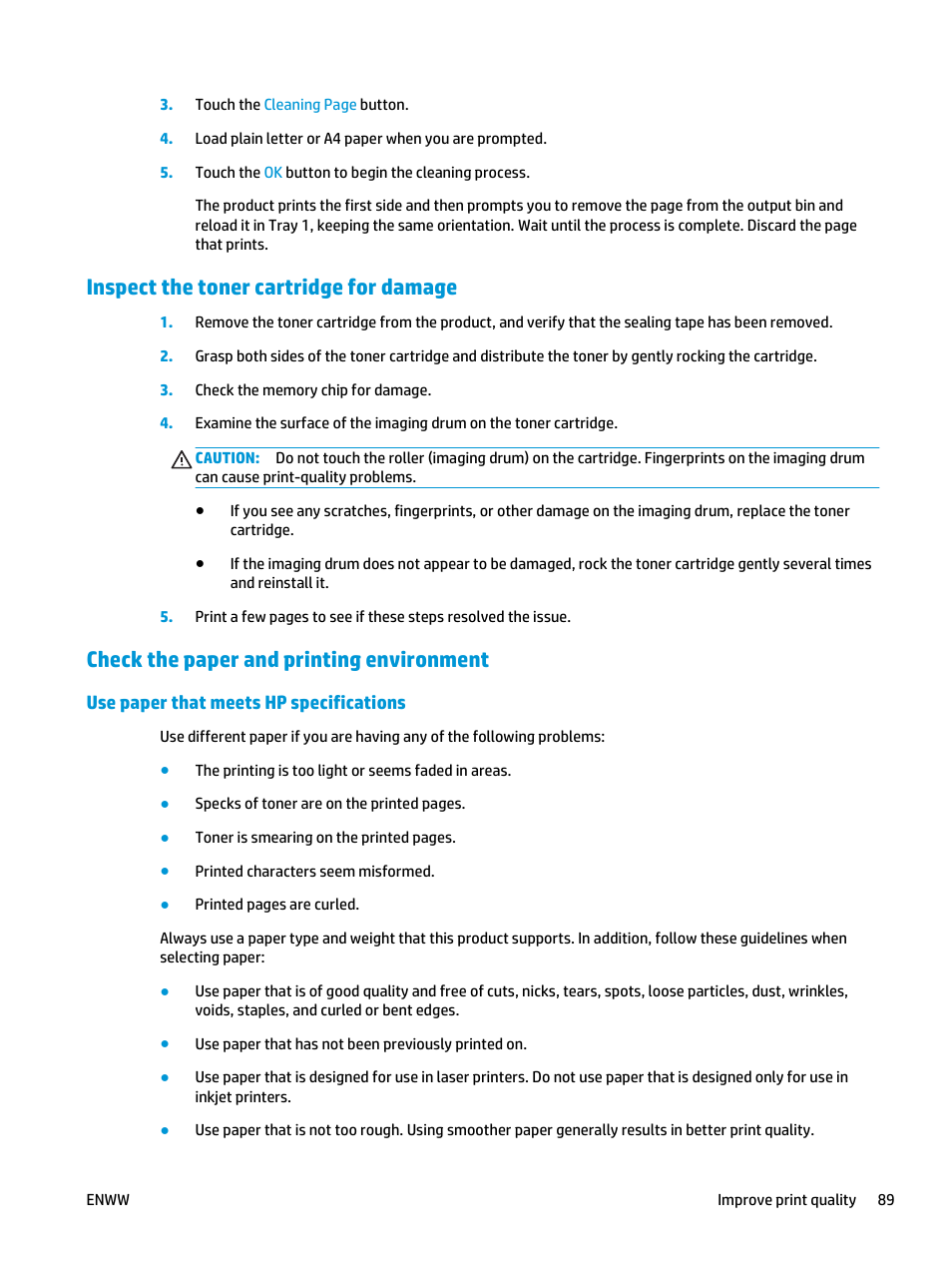 Inspect the toner cartridge for damage, Check the paper and printing environment, Use paper that meets hp specifications | HP LaserJet Pro MFP M127fw User Manual | Page 97 / 122