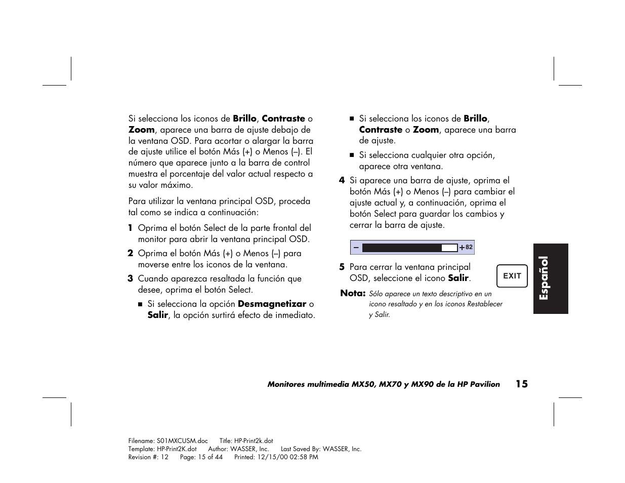Espa ñ ol | HP Pavilion mx90 19 inch Monitor User Manual | Page 103 / 128