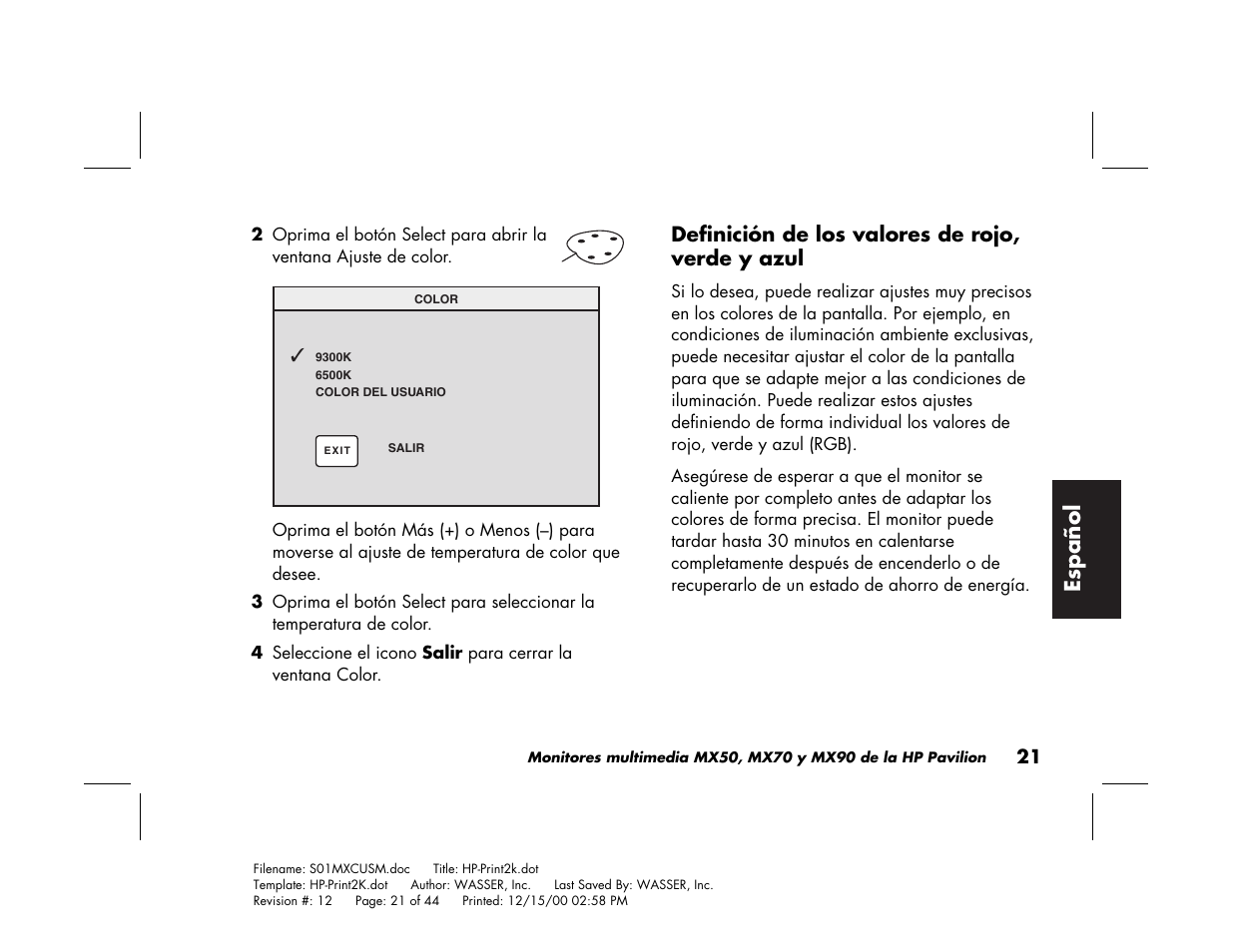 Espa ñ ol | HP Pavilion mx90 19 inch Monitor User Manual | Page 109 / 128