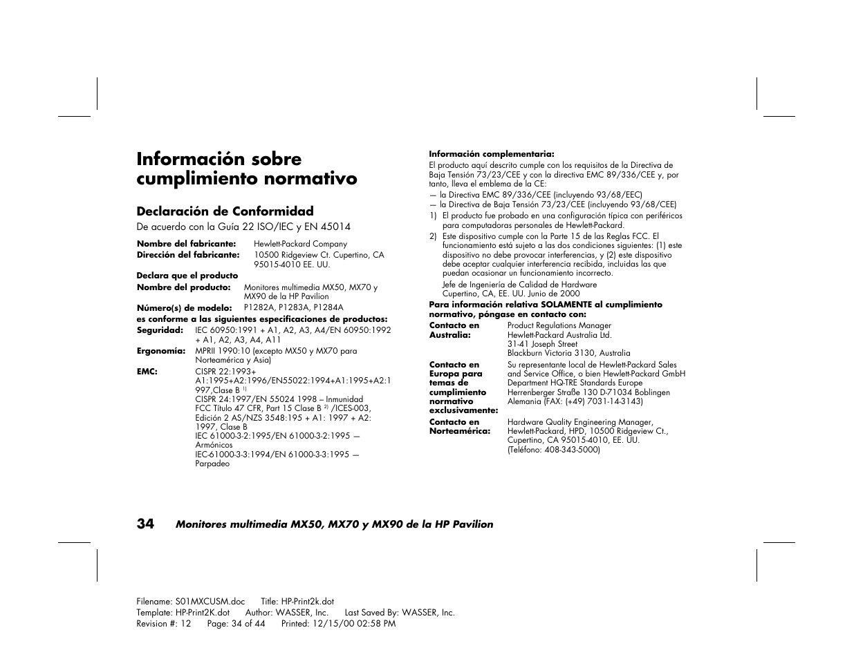 Información sobre cumplimiento normativo, Declaración de conformidad | HP Pavilion mx90 19 inch Monitor User Manual | Page 122 / 128