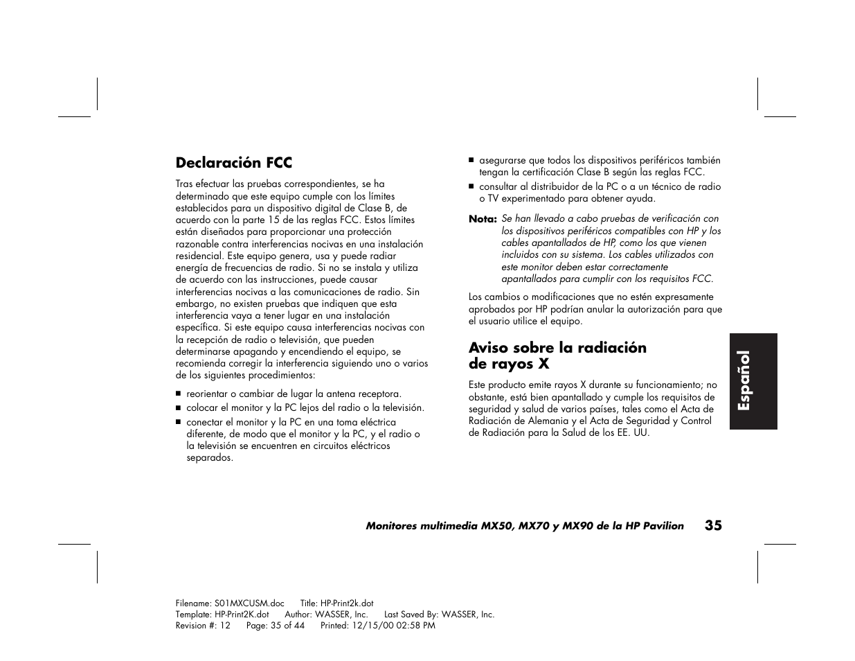 Espa ñ ol, Declaración fcc, Aviso sobre la radiación de rayos x | HP Pavilion mx90 19 inch Monitor User Manual | Page 123 / 128