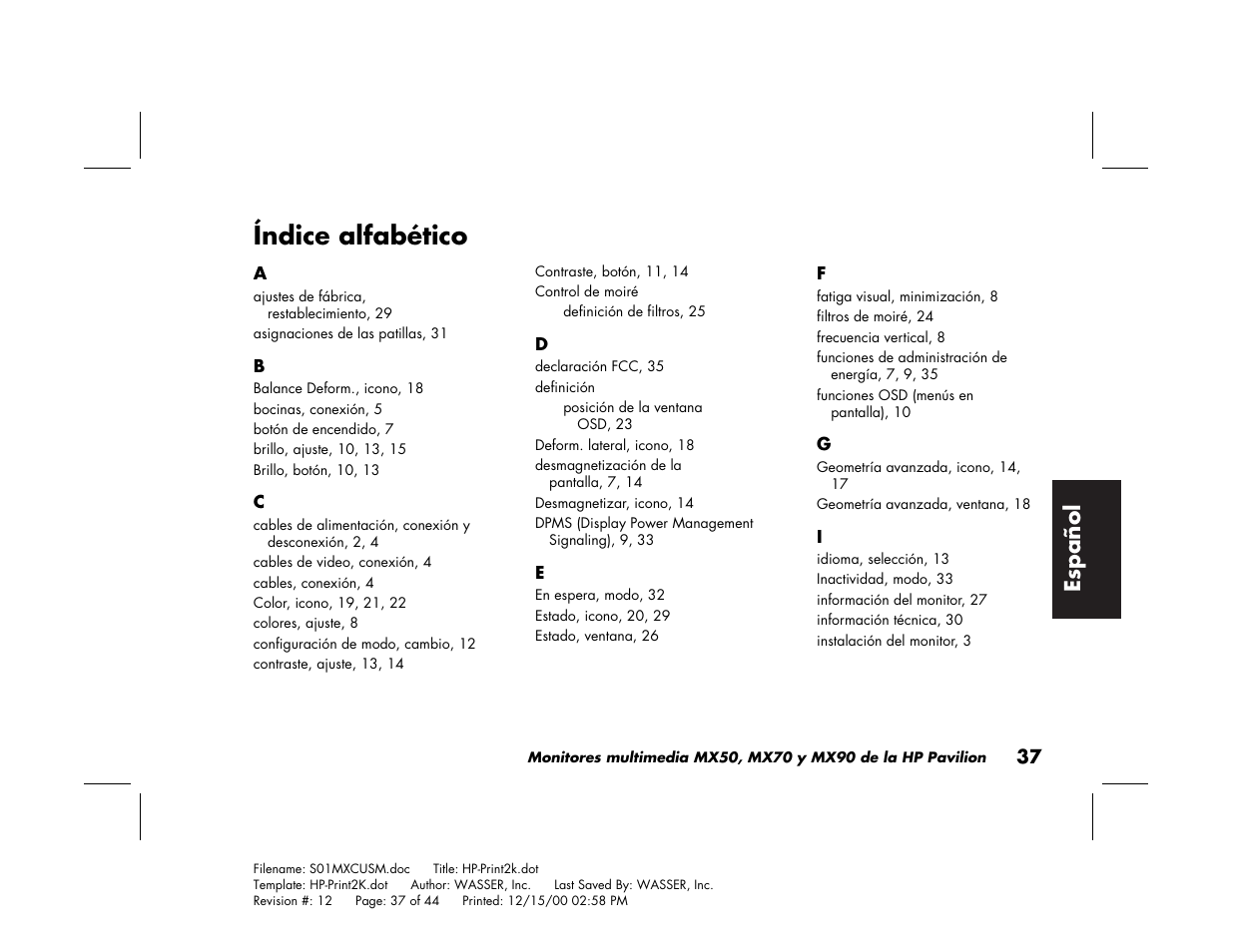 Índice alfabético, Espa ñ ol | HP Pavilion mx90 19 inch Monitor User Manual | Page 125 / 128
