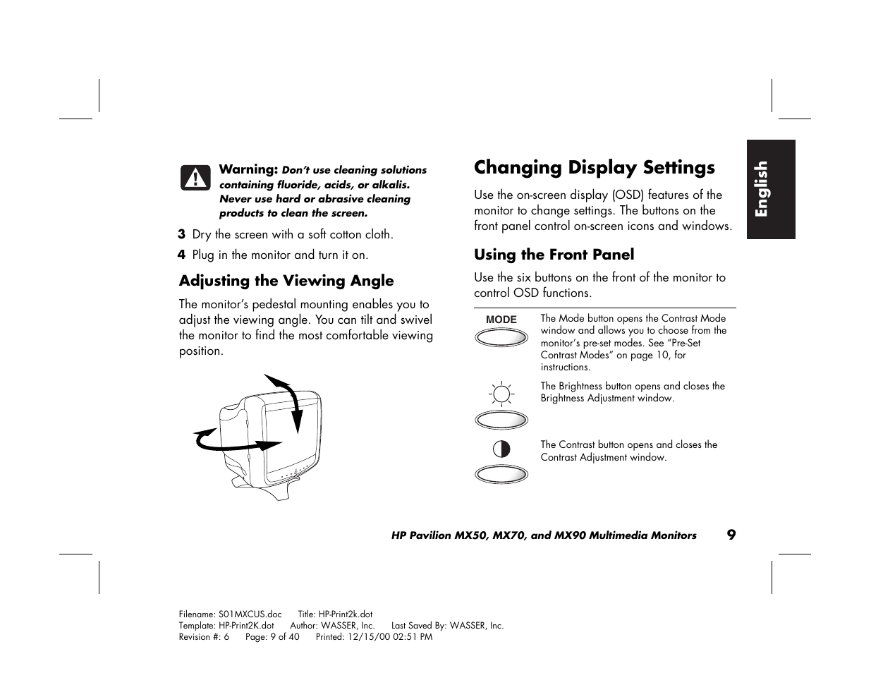 Changing display settings | HP Pavilion mx90 19 inch Monitor User Manual | Page 13 / 128
