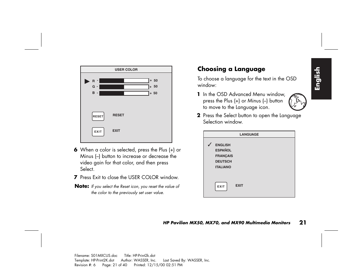 English, Choosing a language | HP Pavilion mx90 19 inch Monitor User Manual | Page 25 / 128
