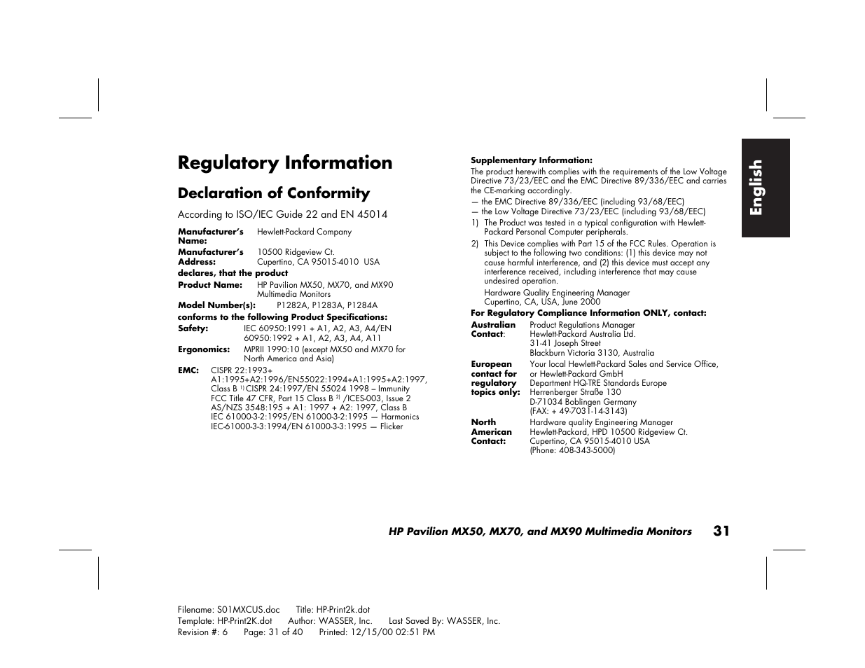 Regulatory information, English, Declaration of conformity | HP Pavilion mx90 19 inch Monitor User Manual | Page 35 / 128