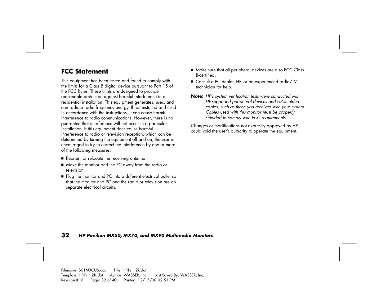 Fcc statement | HP Pavilion mx90 19 inch Monitor User Manual | Page 36 / 128