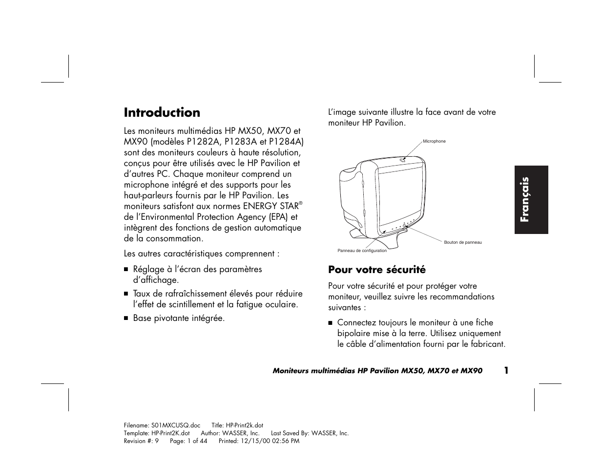Introduction, Fran çais, Pour votre sécurité | HP Pavilion mx90 19 inch Monitor User Manual | Page 45 / 128