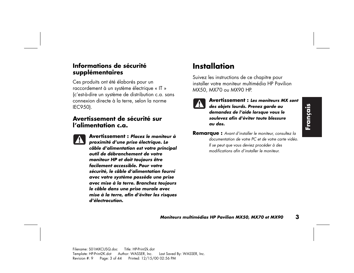 Installation | HP Pavilion mx90 19 inch Monitor User Manual | Page 47 / 128