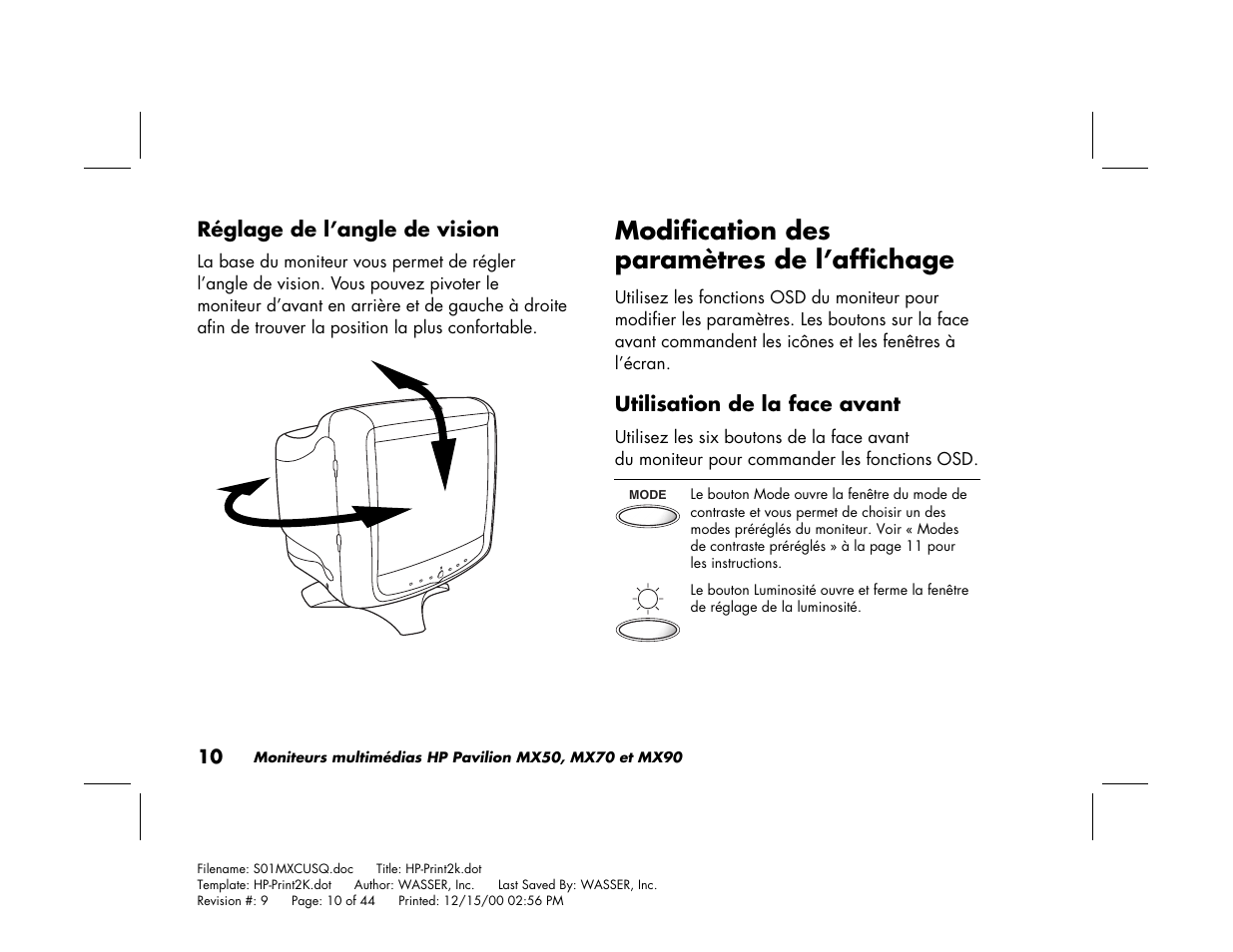 Modification des paramètres de l’affichage | HP Pavilion mx90 19 inch Monitor User Manual | Page 54 / 128