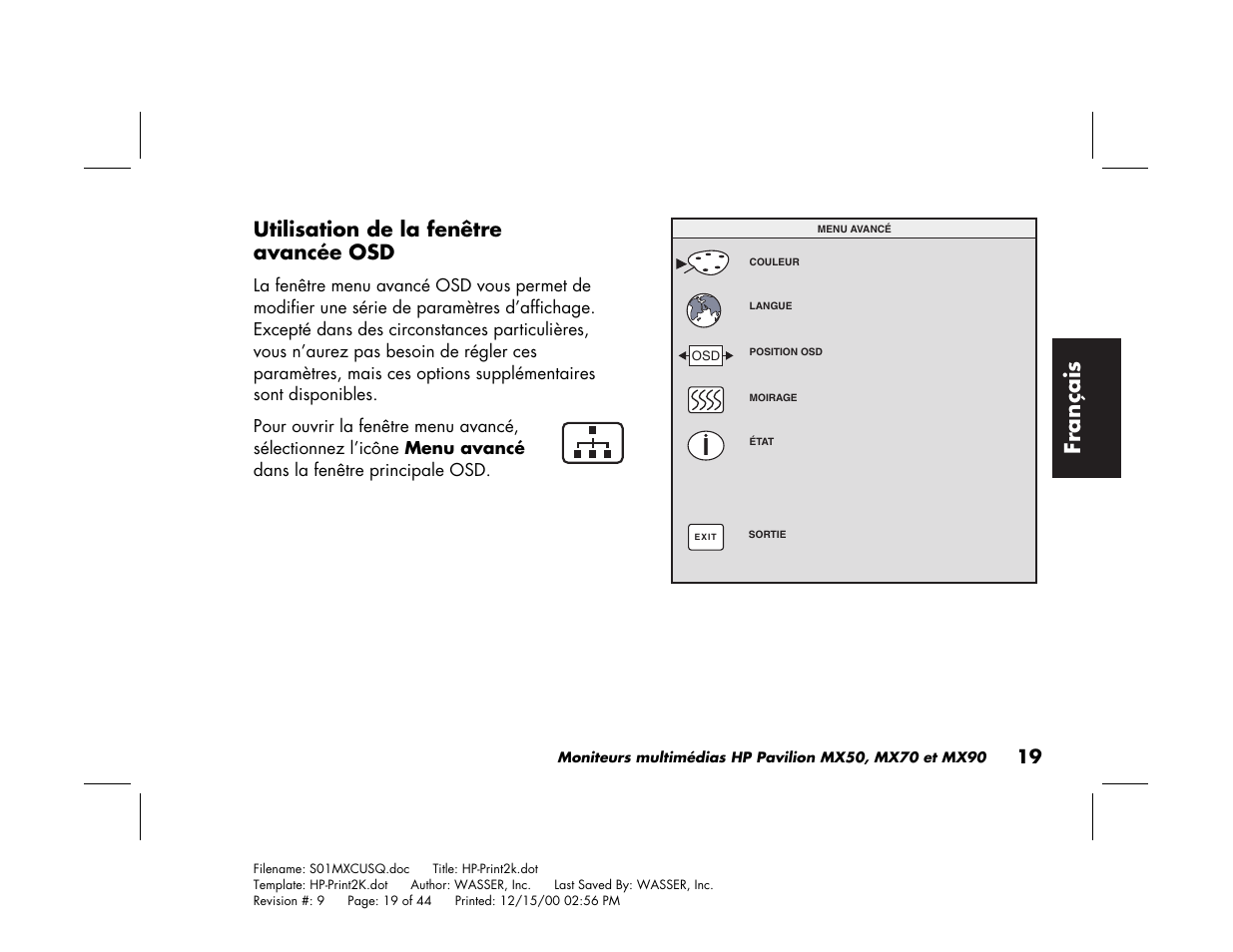 Fran çais, Utilisation de la fenêtre avancée osd | HP Pavilion mx90 19 inch Monitor User Manual | Page 63 / 128
