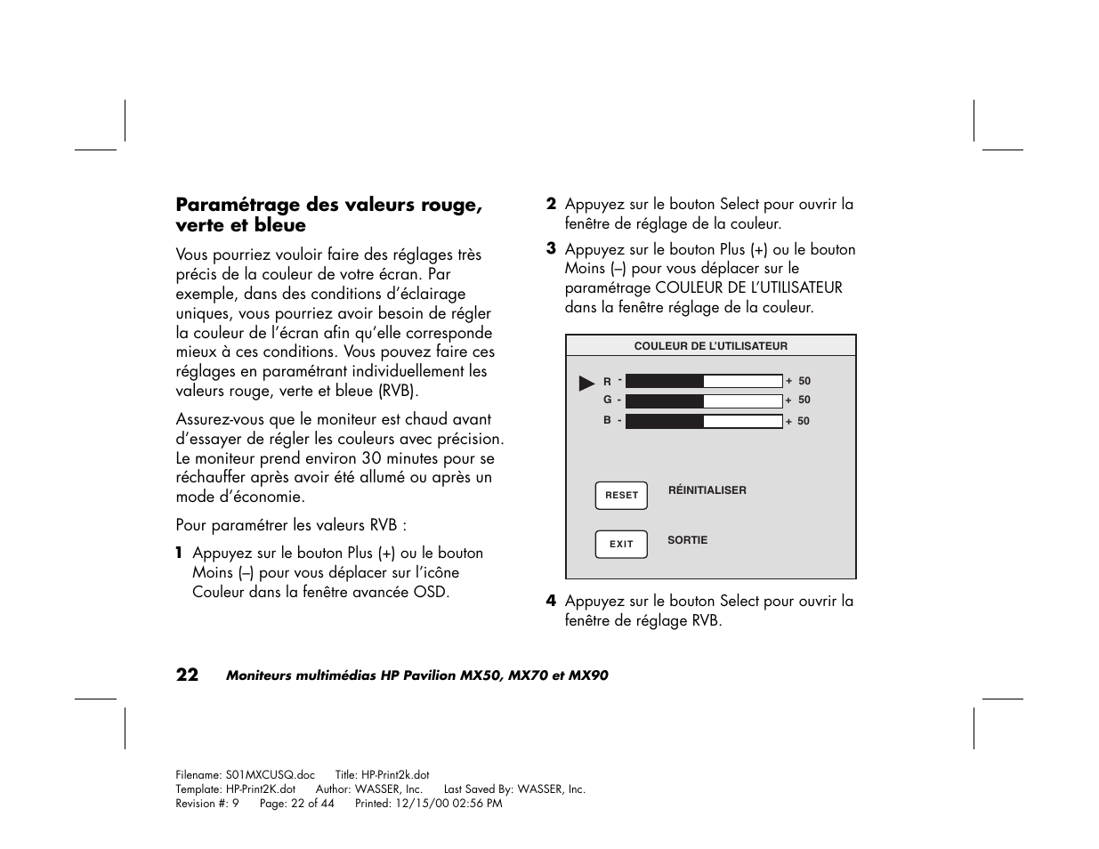 Paramétrage des valeurs rouge, verte et bleue | HP Pavilion mx90 19 inch Monitor User Manual | Page 66 / 128