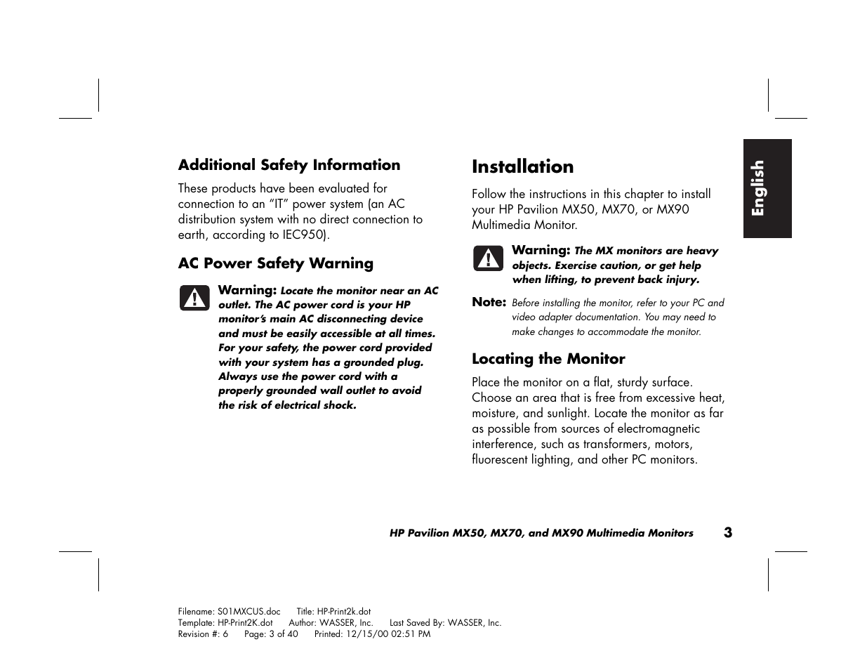 Installation | HP Pavilion mx90 19 inch Monitor User Manual | Page 7 / 128