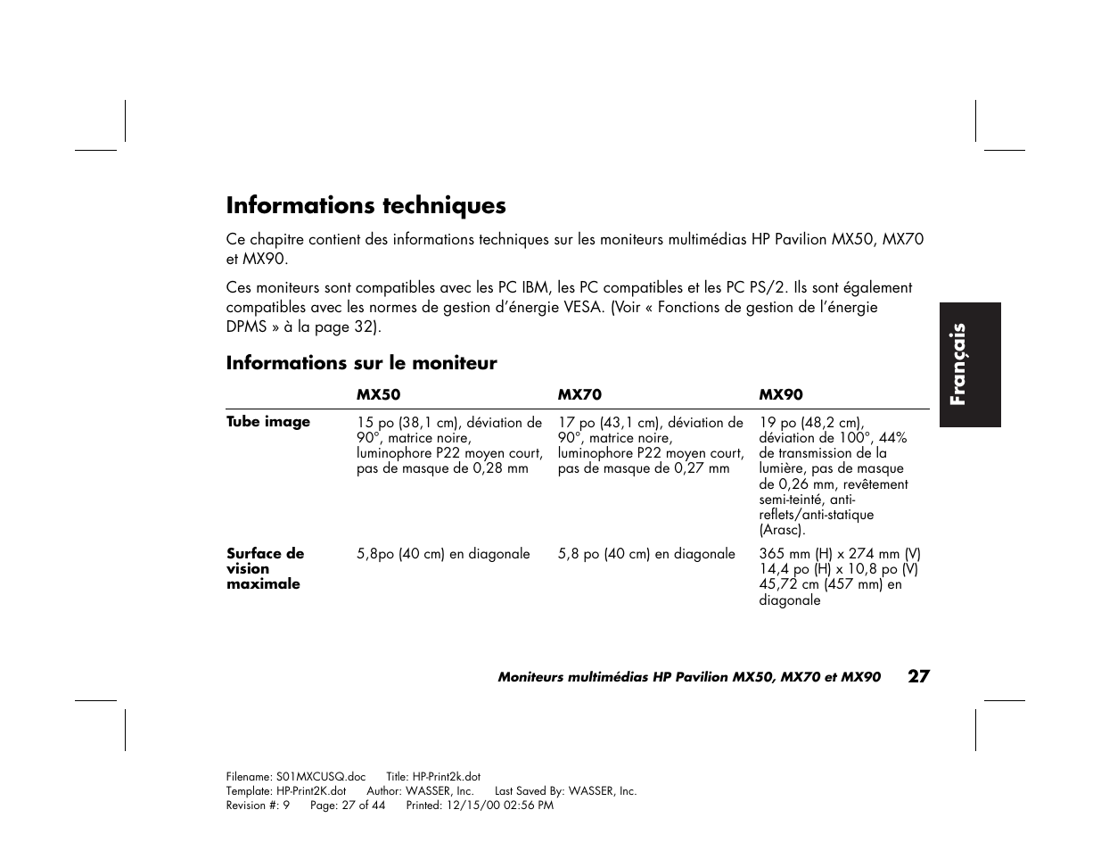 Informations techniques | HP Pavilion mx90 19 inch Monitor User Manual | Page 71 / 128