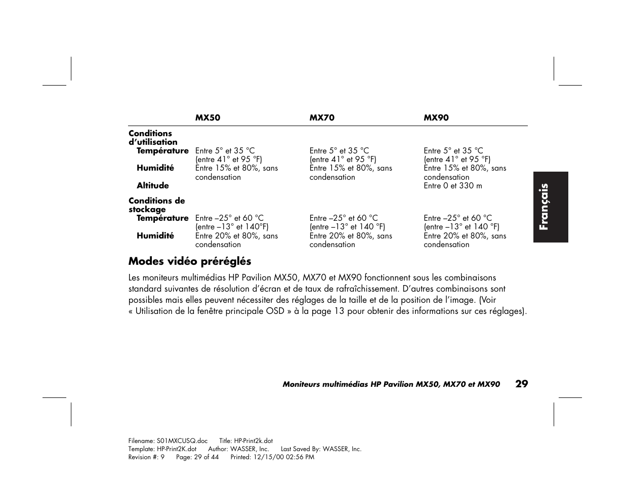 Fran çais | HP Pavilion mx90 19 inch Monitor User Manual | Page 73 / 128