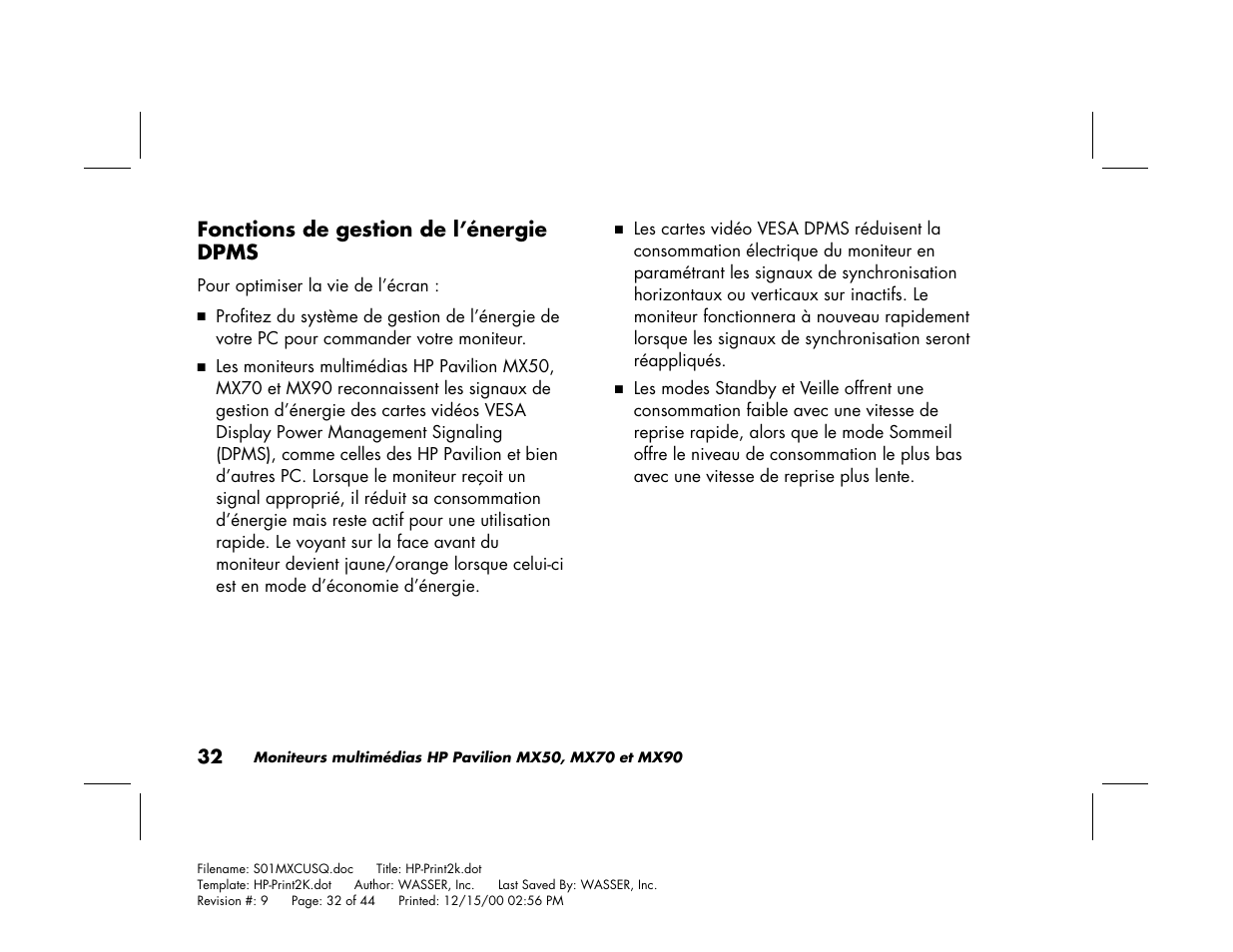 Fonctions de gestion de l’énergie dpms | HP Pavilion mx90 19 inch Monitor User Manual | Page 76 / 128
