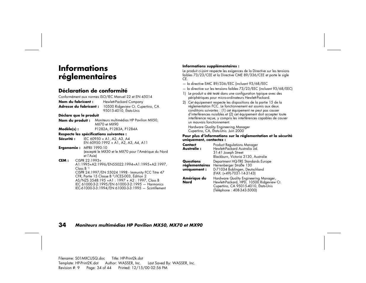 Informations réglementaires, Déclaration de conformité | HP Pavilion mx90 19 inch Monitor User Manual | Page 78 / 128