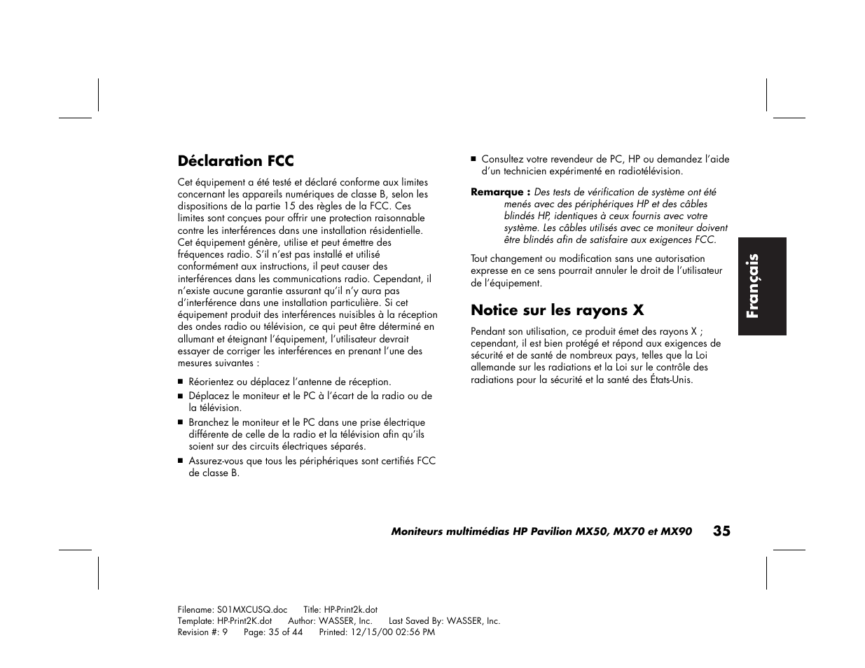 Fran çais, Déclaration fcc, Notice sur les rayons x | HP Pavilion mx90 19 inch Monitor User Manual | Page 79 / 128