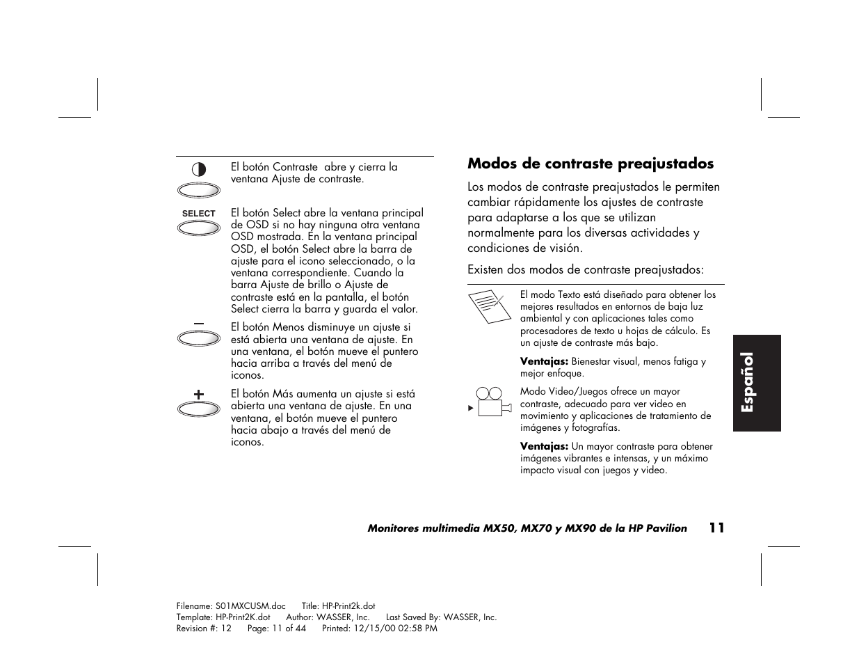 Espa ñ ol | HP Pavilion mx90 19 inch Monitor User Manual | Page 99 / 128