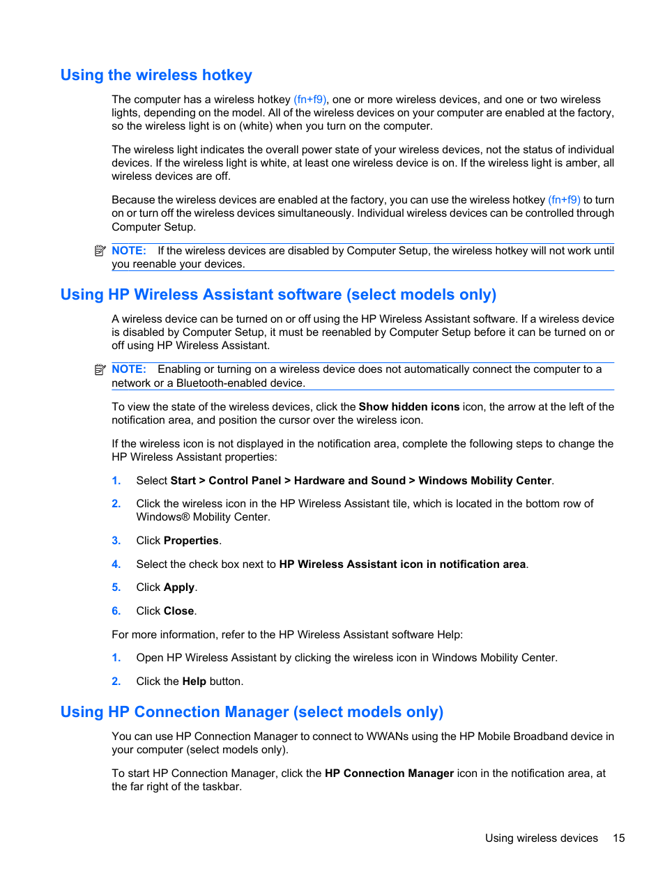 Using the wireless hotkey, Using hp connection manager (select models only) | HP ProBook 5220m Notebook PC User Manual | Page 27 / 147