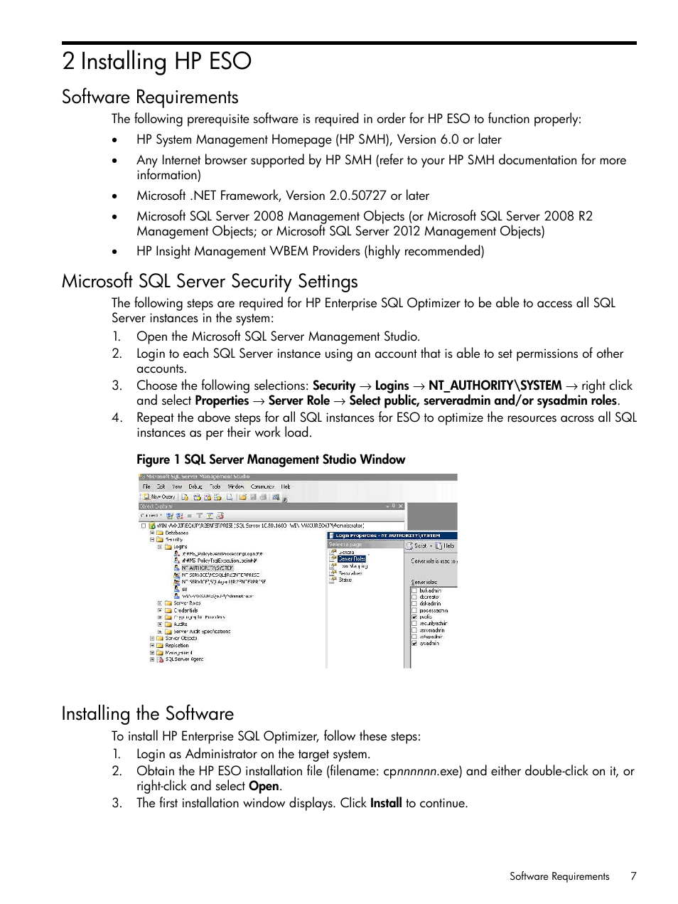 2 installing hp eso, Software requirements, Microsoft sql server security settings | Installing the software | HP ProLiant DL980 G7 Server User Manual | Page 7 / 27
