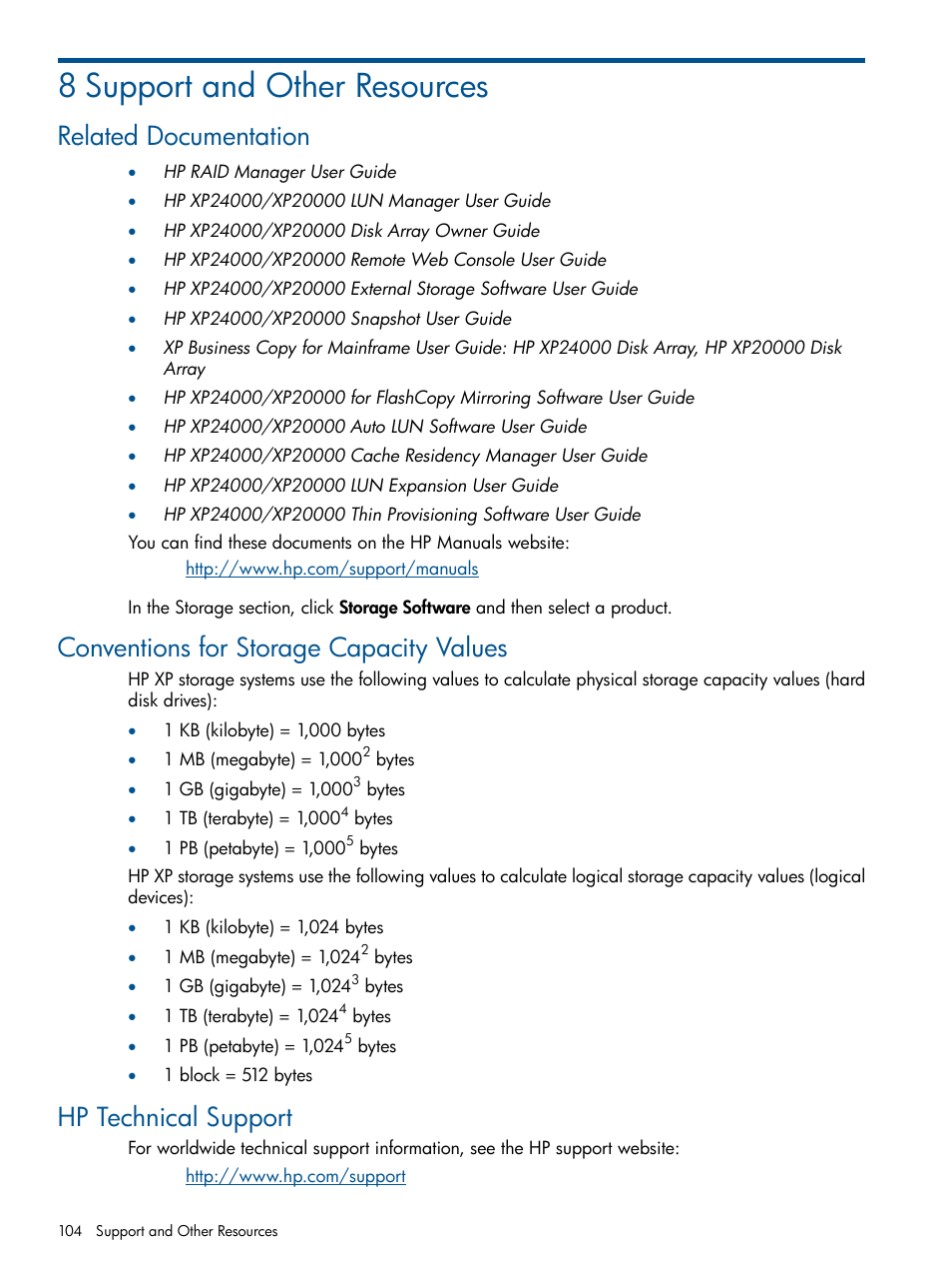 8 support and other resources, Related documentation, Conventions for storage capacity values | Hp technical support | HP StorageWorks XP Remote Web Console Software User Manual | Page 104 / 109