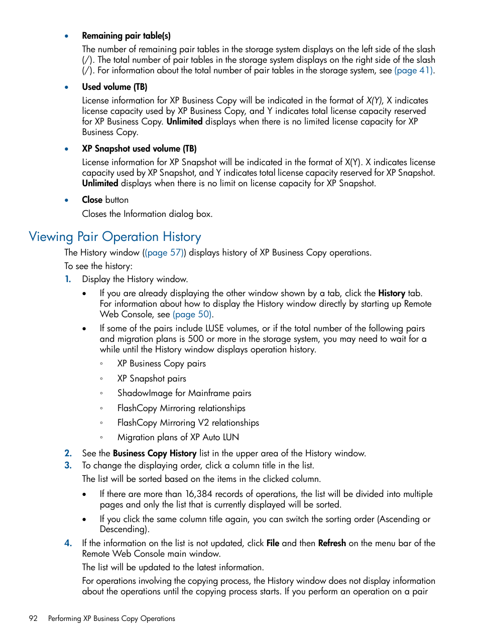 Viewing pair operation history | HP StorageWorks XP Remote Web Console Software User Manual | Page 92 / 109