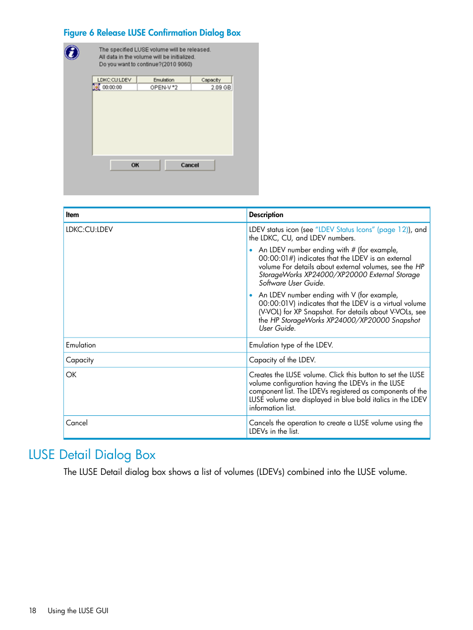 Luse detail dialog box | HP XP Array Manager Software User Manual | Page 18 / 43