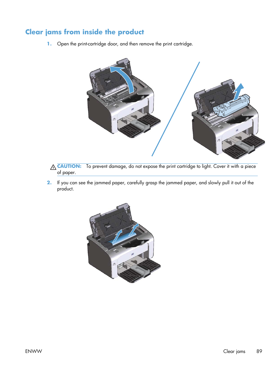 Clear jams from inside the product | HP LASERJET PRO P1102w User Manual | Page 103 / 158