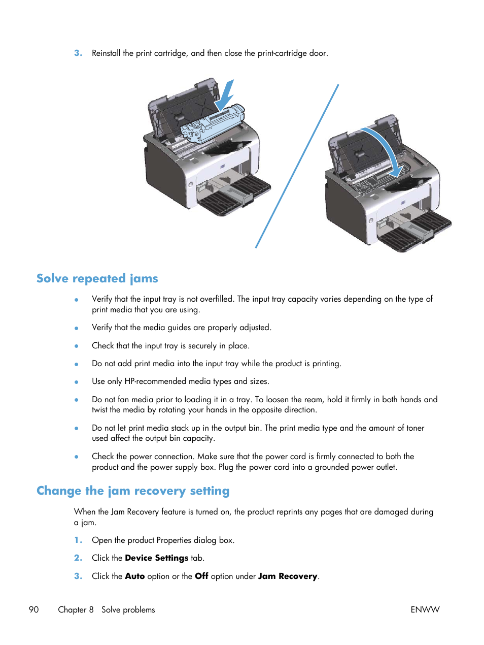 Solve repeated jams, Change the jam recovery setting | HP LASERJET PRO P1102w User Manual | Page 104 / 158