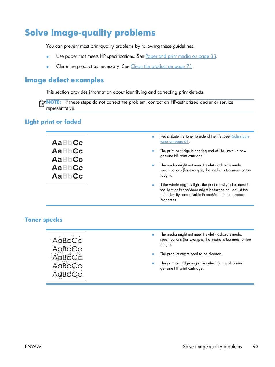 Solve image-quality problems, Image defect examples, Light print or faded | Toner specks, Light print or faded toner specks | HP LASERJET PRO P1102w User Manual | Page 107 / 158