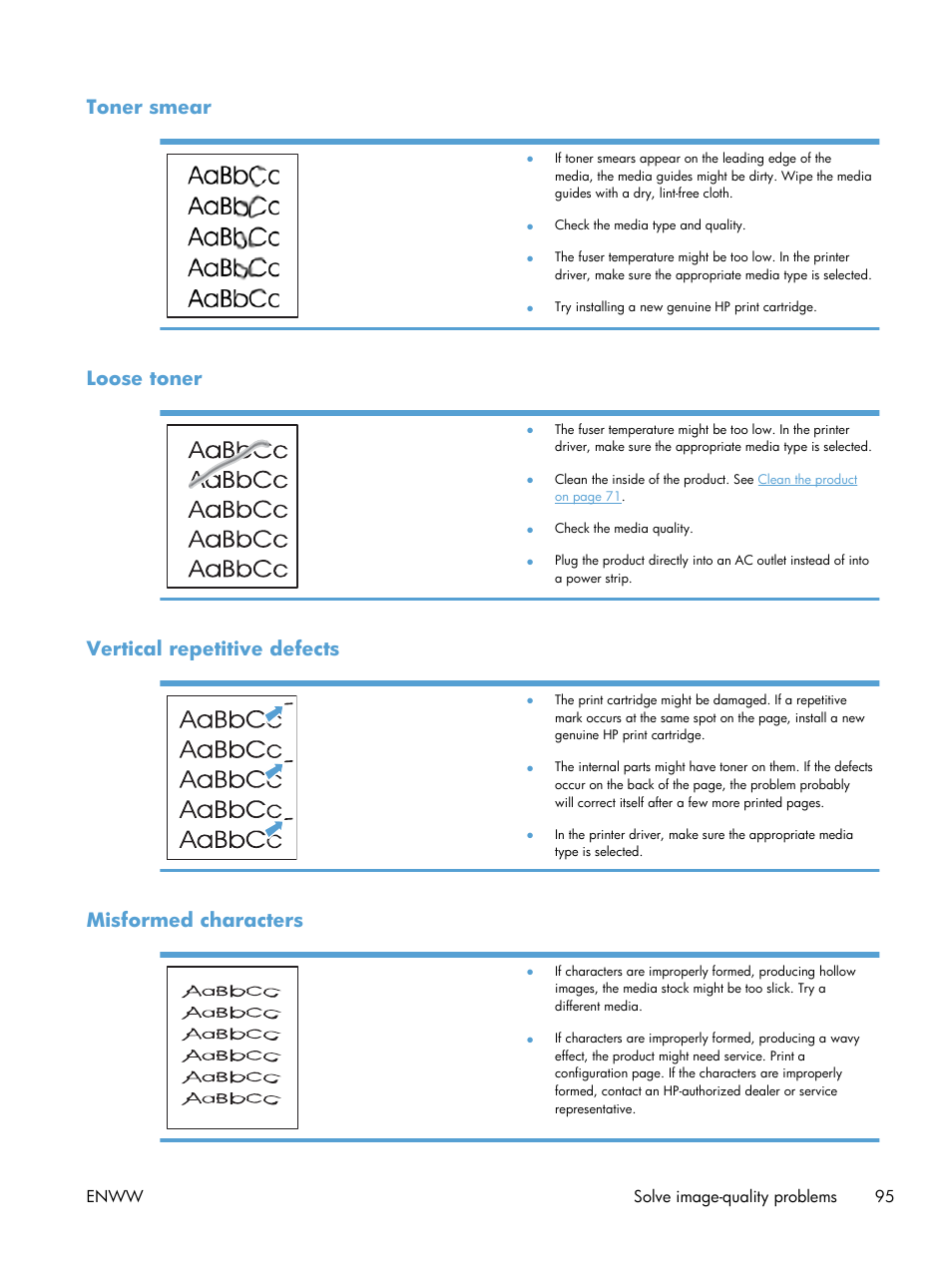 Toner smear, Loose toner, Vertical repetitive defects | Misformed characters | HP LASERJET PRO P1102w User Manual | Page 109 / 158