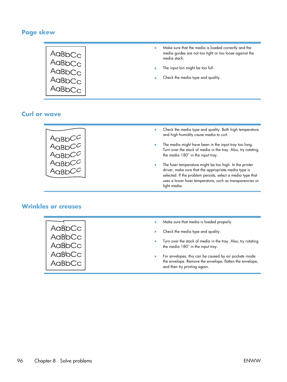 Curl or wave, Wrinkles or creases, Page skew | HP LASERJET PRO P1102w User Manual | Page 110 / 158